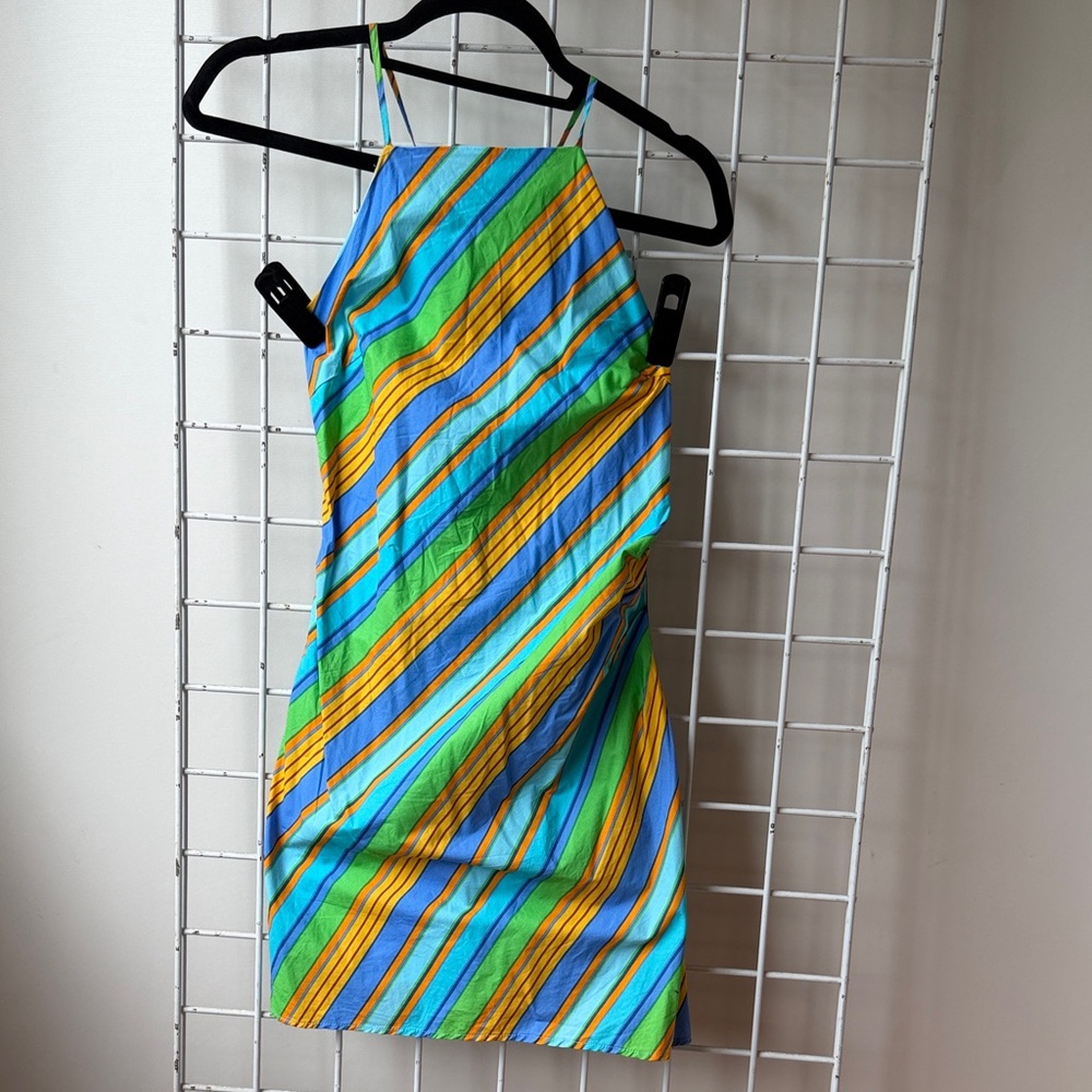 MANGO Vibrant Striped Halter Mini Dress - Blue, Green & Yellow Size Small